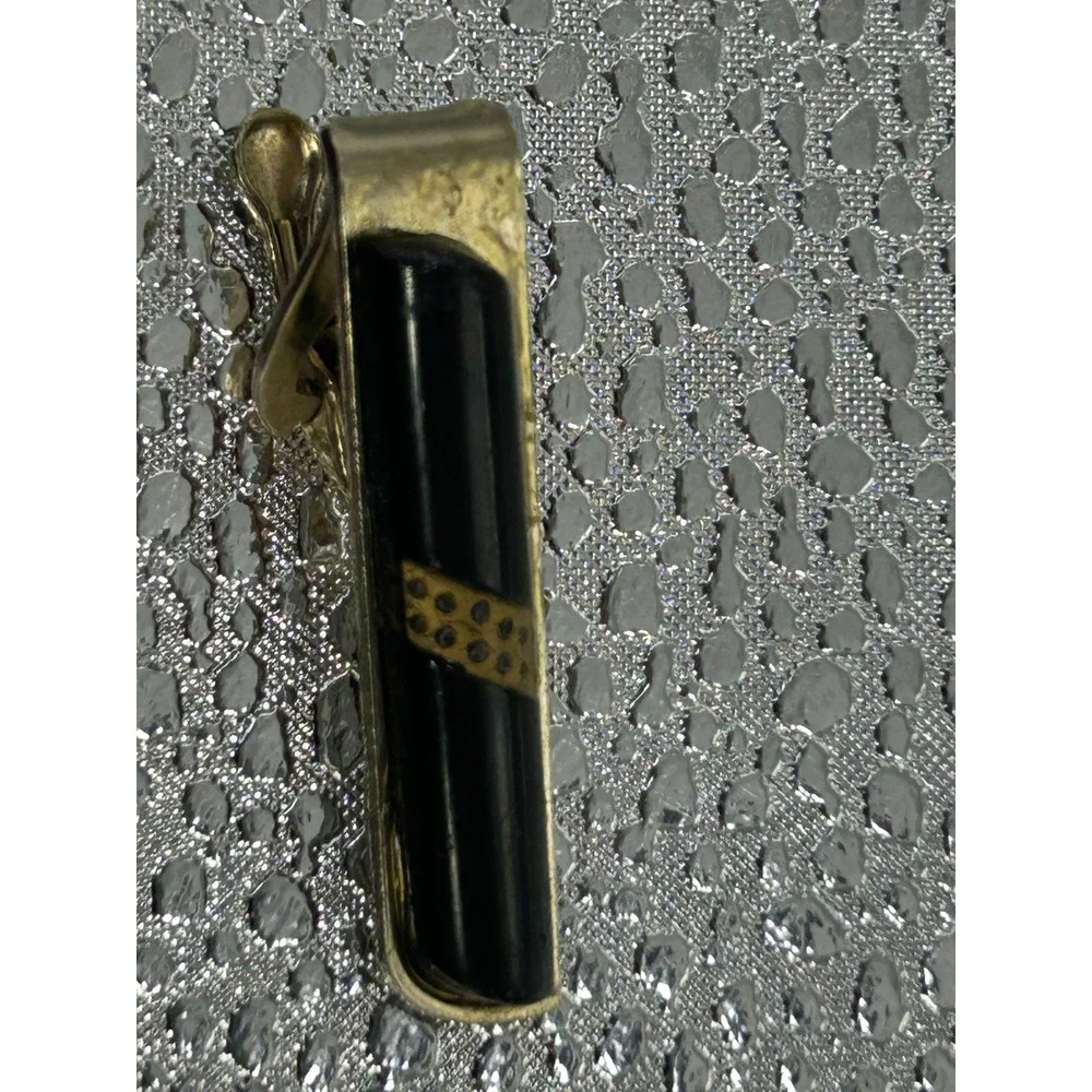 Vintage Gold Tone Tie‎ Clip Black Inlay Diagonal Gold Band Detail Mens Accessory